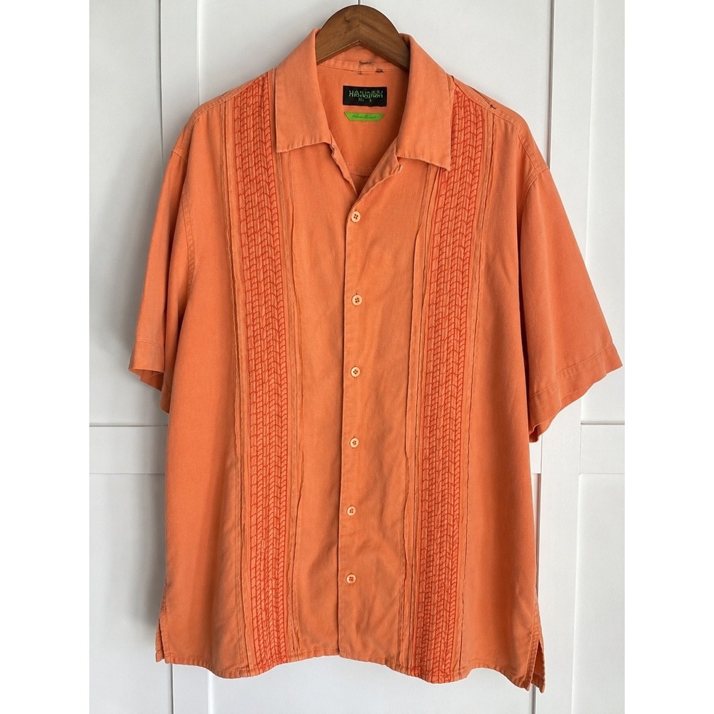 Havana Nines Mens Orange Embroidered Guayabera Rayon Blend Camp Shirt XL